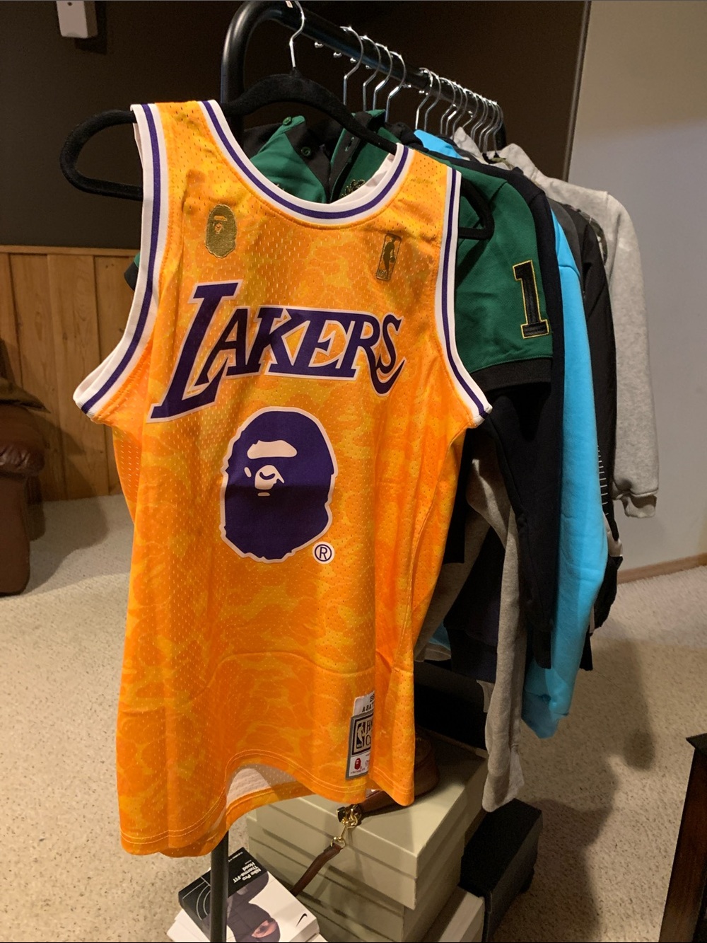 Bape x Lakers Orange and Purple Mesh Basketball Jersey